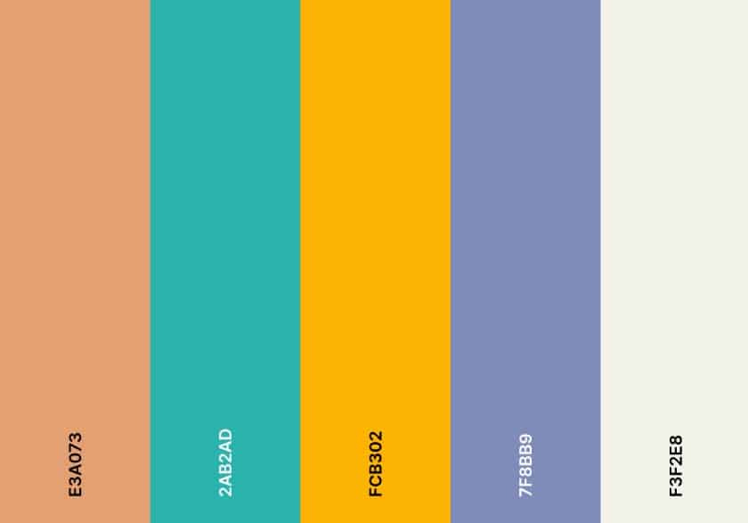 A color palette with shades of sandy brown, teal, and purple.