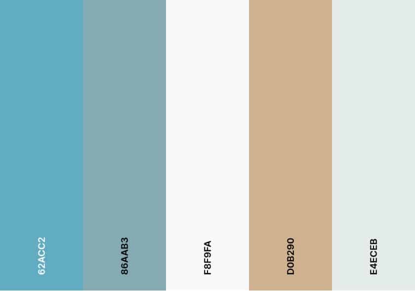 A color palette with shades of sky blue, sandy beige, and white.