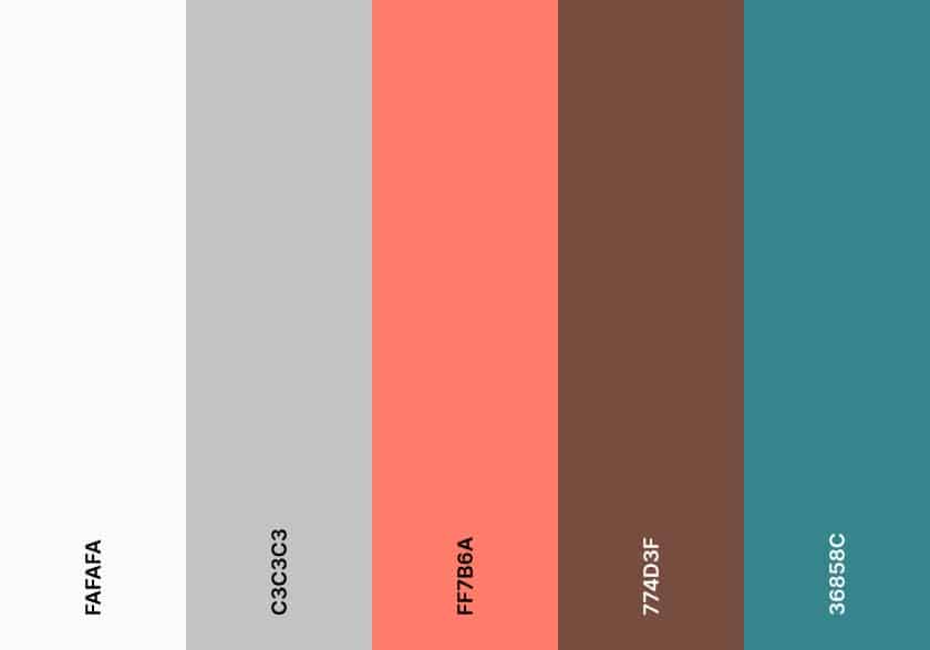 A color palette with shades of white, gray, peach, brown, and teal.