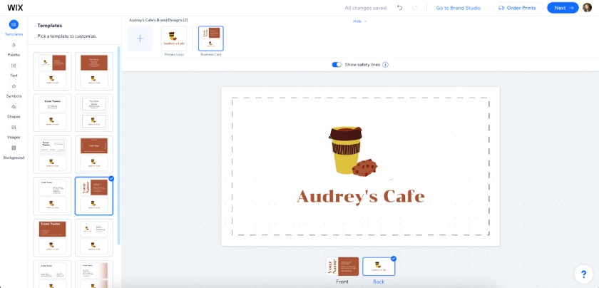 A sample business card being designed in Wix's business card designer.