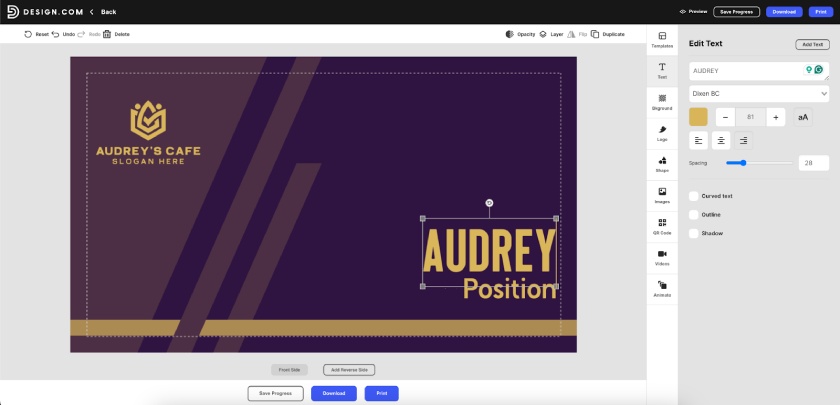 A sample business card being edited in Design.com's design platform.