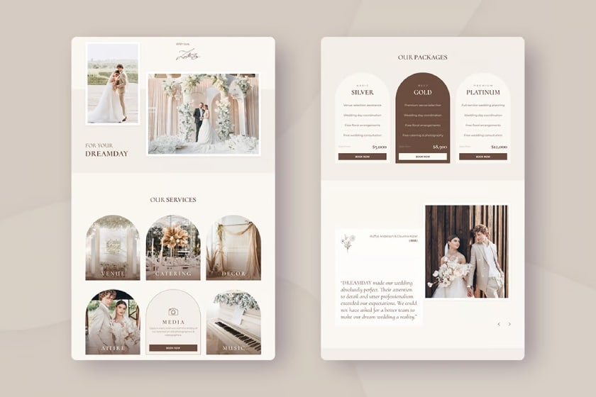 A sample template for a wedding website with a cream and beige color palette.
