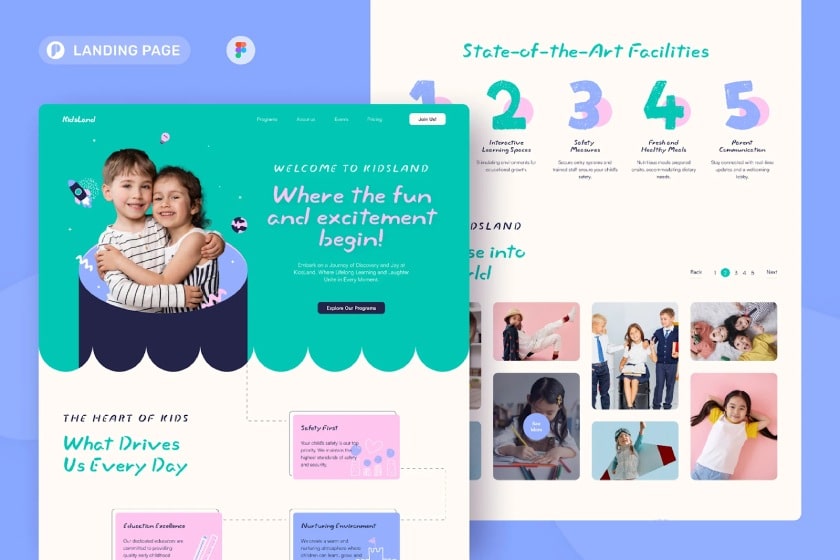 A sample website template for a children's facility with a green, purple, and pink color palette.
