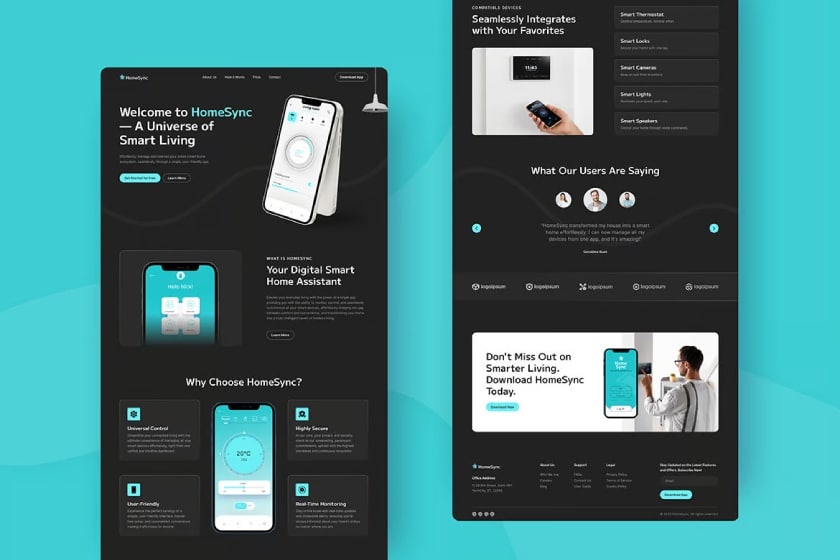 A sample website template for a tech company with a black background and electric blue elements.