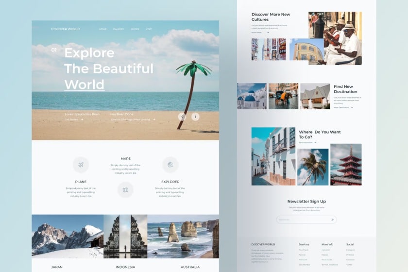 A sample website template for a travel agency with a white, blue, and sandy beige color palette.