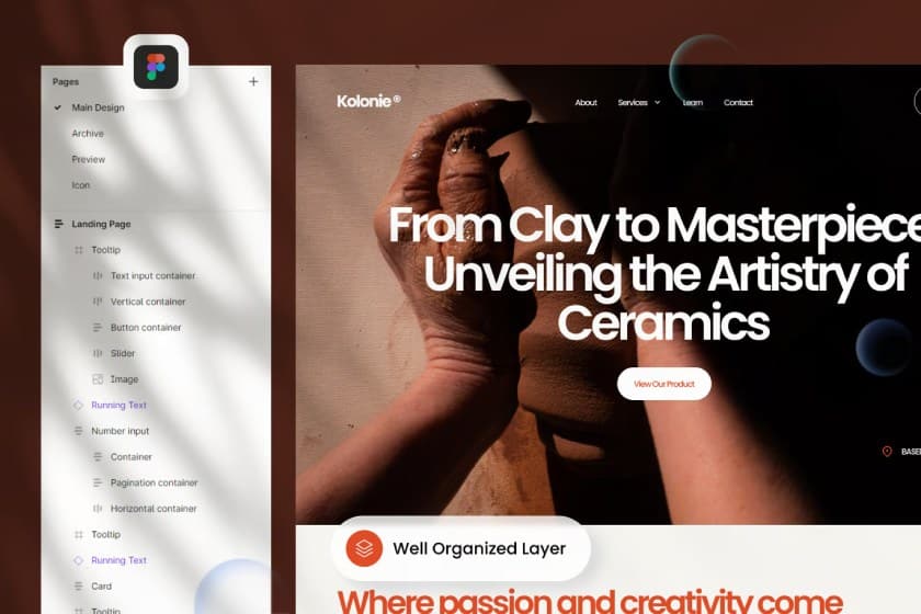 A sample website theme for a ceramics business with a brown and white palette.
