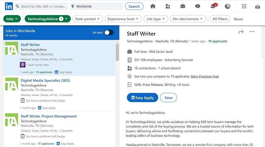 A Staff Writer job posting from TechnologyAdvice on LinkedIn.