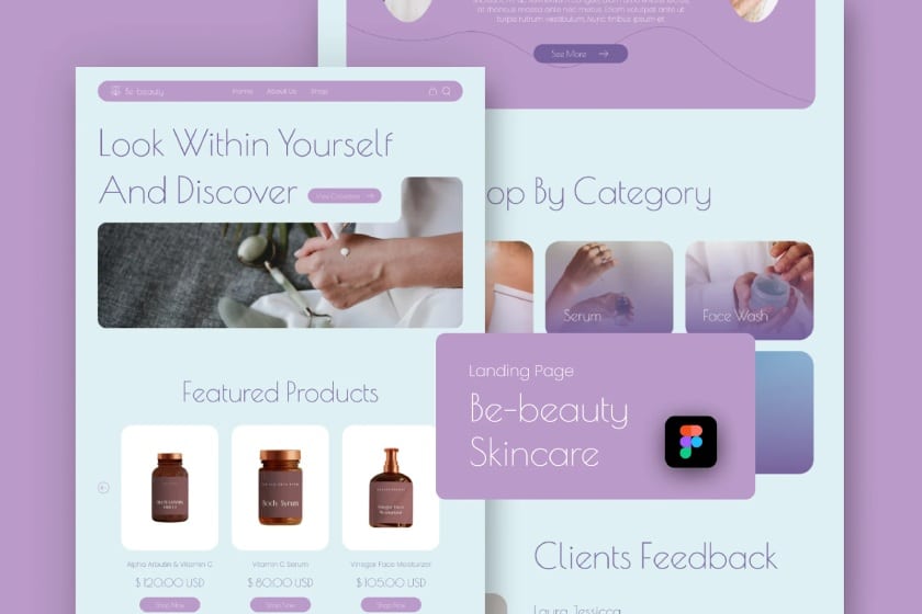 A website template for a beauty brand with a blue and purple color scheme.