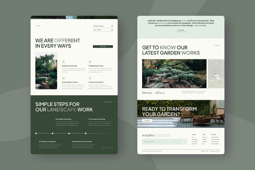 A website template for a landscaping services with a white and forest green color palette.