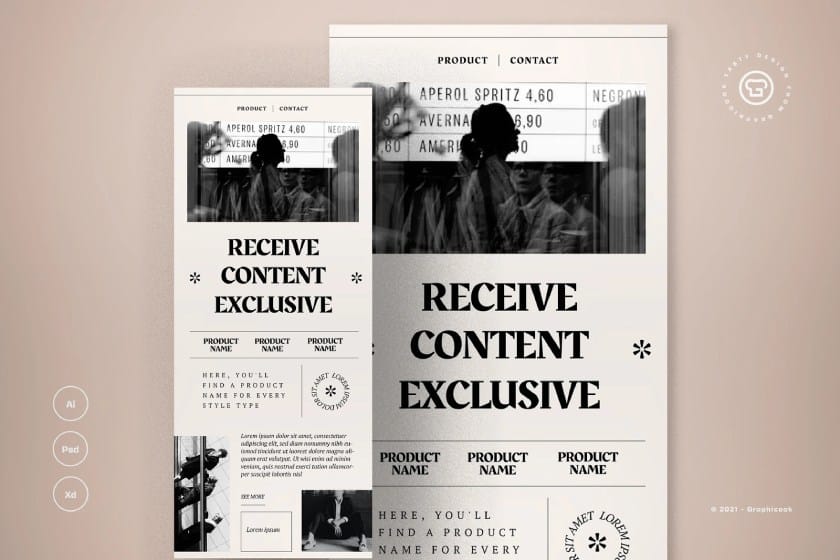 A website template for a retail brand with a black and off-white color palette.