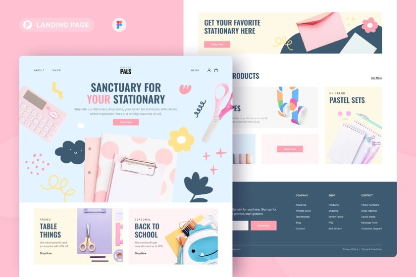 A website template for a stationery brand with pastel color palettes.