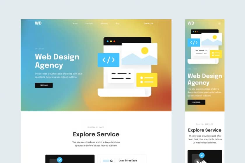 A website template for a web design agency with a blue and orange gradient background.