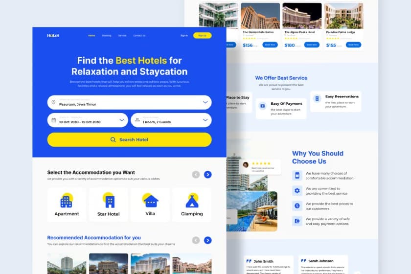 A website template with a blue and yellow color palette.