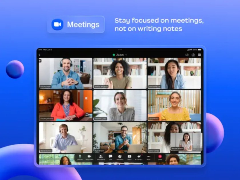 A Zoom Meetings sample video conference showing a menu bar with main functionalities and a gallery view of the participants.