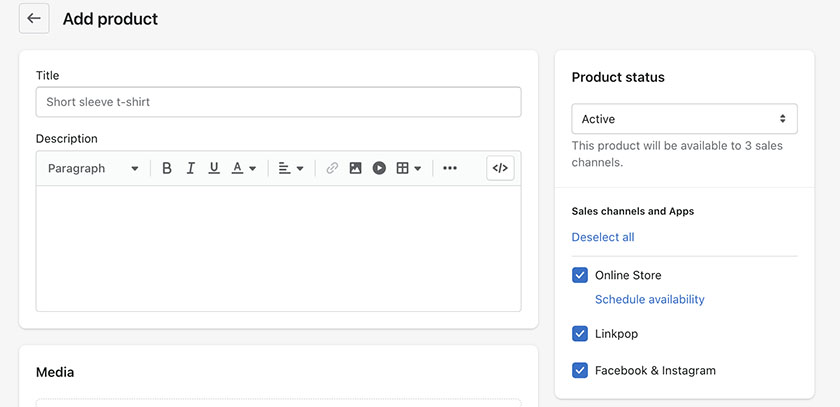The Add product section in the Shopify dashboard.