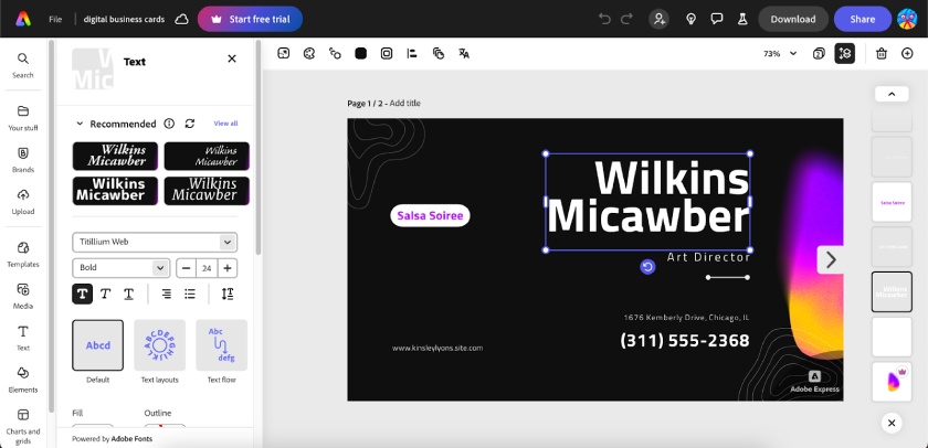 Adobe Express's business card design platform with a sample business card.