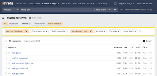 Screenshot of keyword research using Ahrefs for "frying pan".