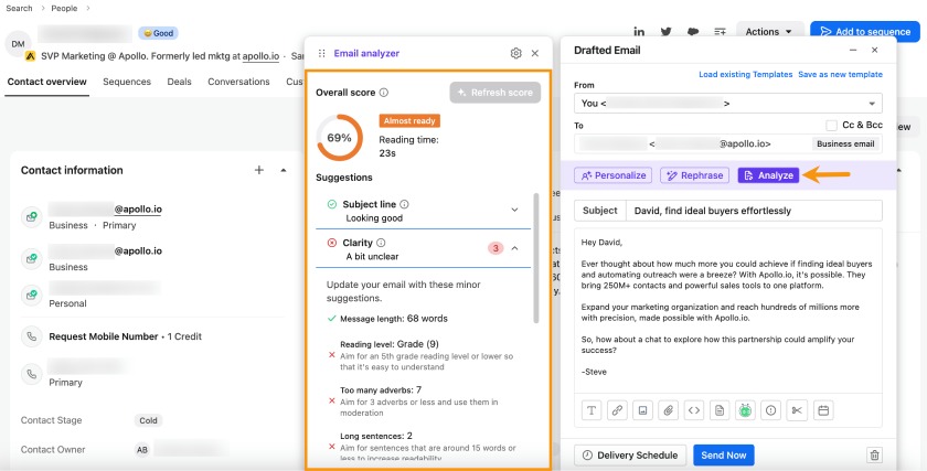 Apollo.io dashboard of AI analyzing an email's subject line with suggestions to improve content.