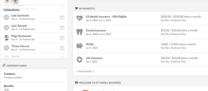 Benefits dashboard showing celebrations, company links, and benefits allowances.