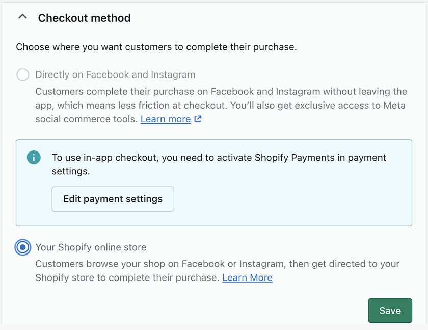 Overview of the checkout options when connecting your Shopify store to Facebook.