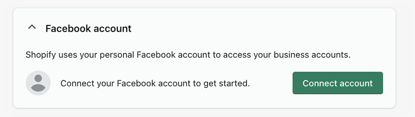 Closeup of the Connect account button in Shopify to connect your personal Facebook account.