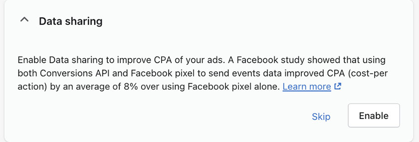The enable data sharing button for Facebook.
