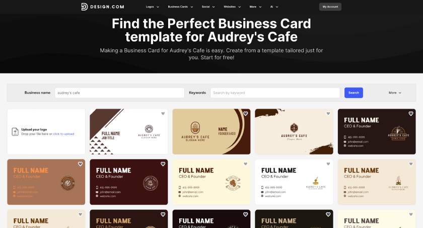 Design.com's AI business card design generator generating templates for a cafe business card.