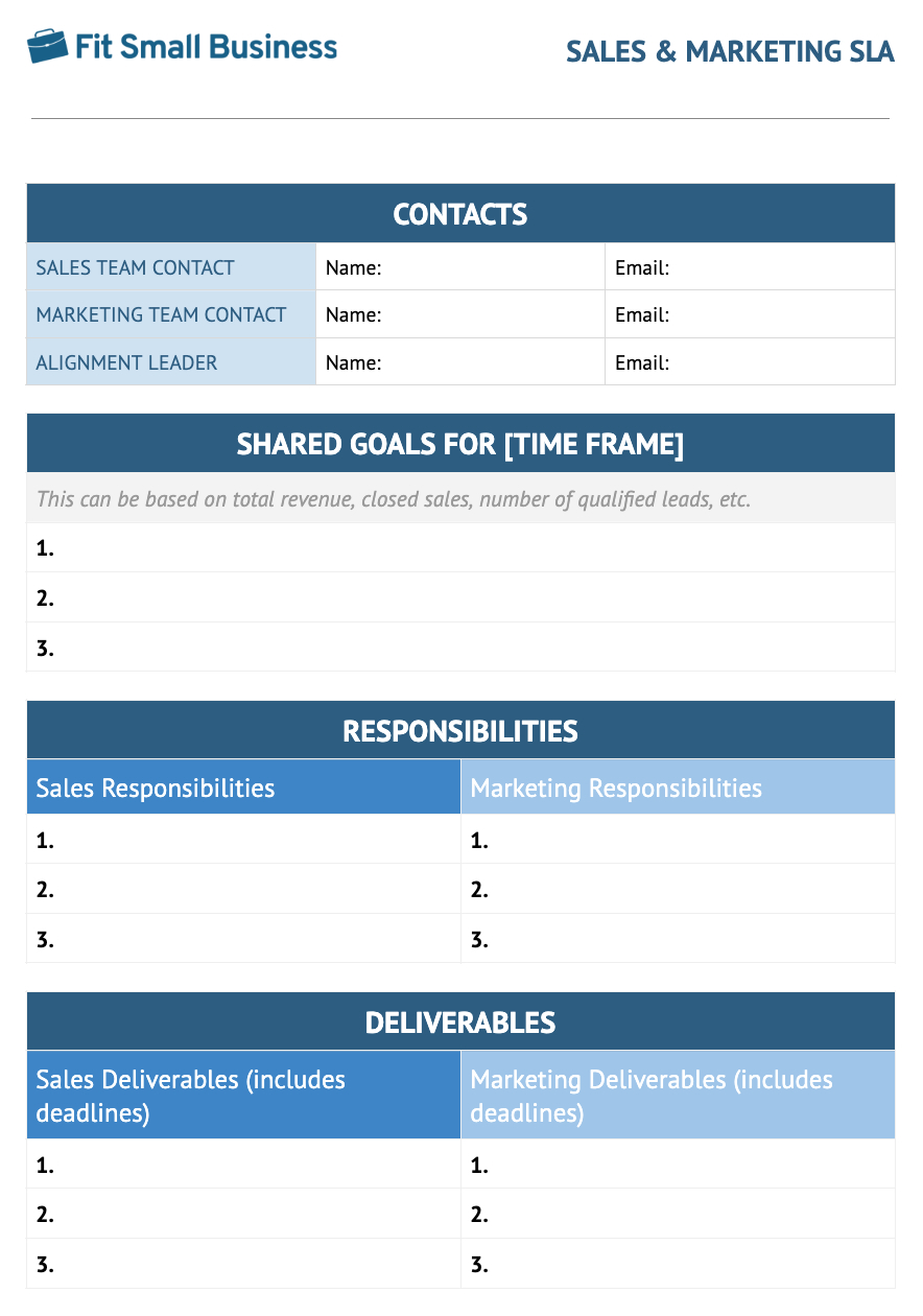 Fit Small Business' free sales and marketing SLA template preview.