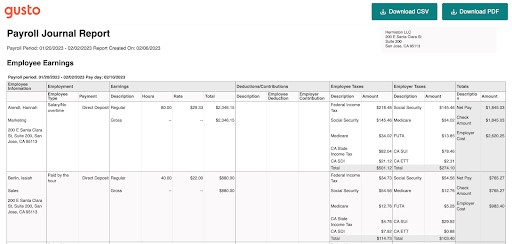 Gusto's payroll journal report with both employee and company totals.