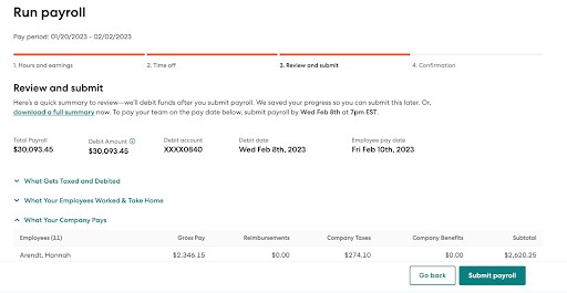 Gusto's payroll review screen where you can verify payroll data.