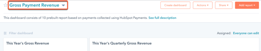 HubSpot customized dashboard for gross payment revenue.