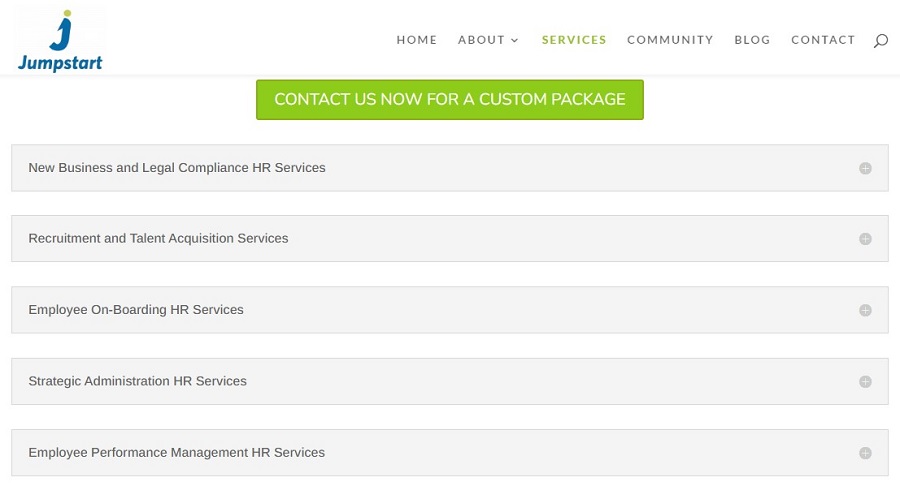 A screenshot showing some of Jumpstart's HR outsourcing packages.