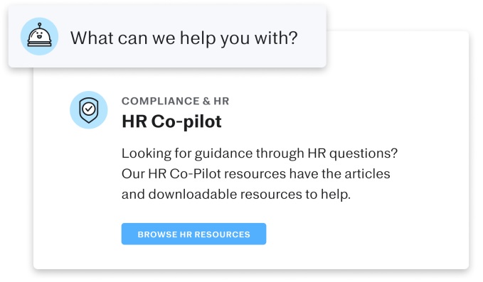 A screenshot showing Justworks online 'HR Co-pilot' tool that contains HR resources and help articles.