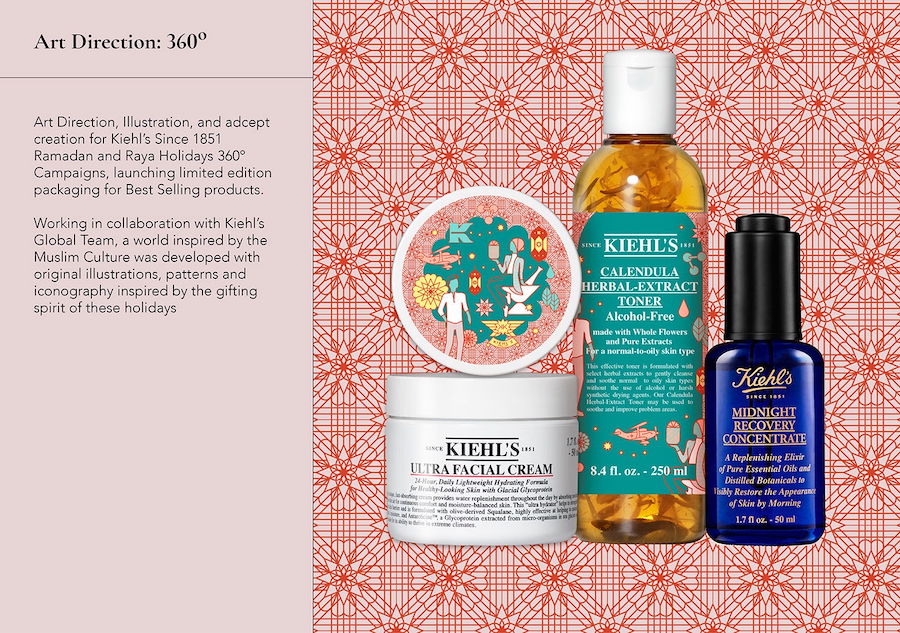 A red pattern lays the backdrop for a Kiehl's Ramadan travel set ad.