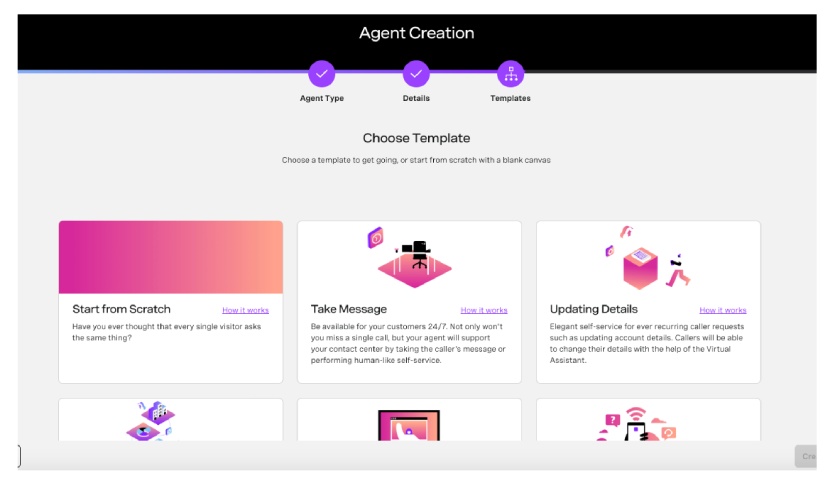 Landing page for the Vonage AI Studio with agent templates.