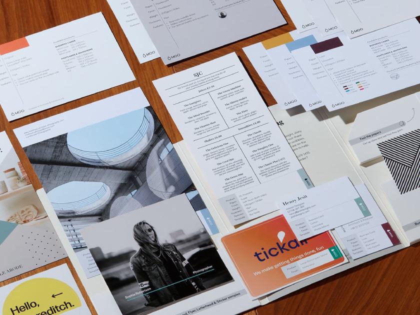 MOO's free sample brand kit with business cards, stickers, and flyers.