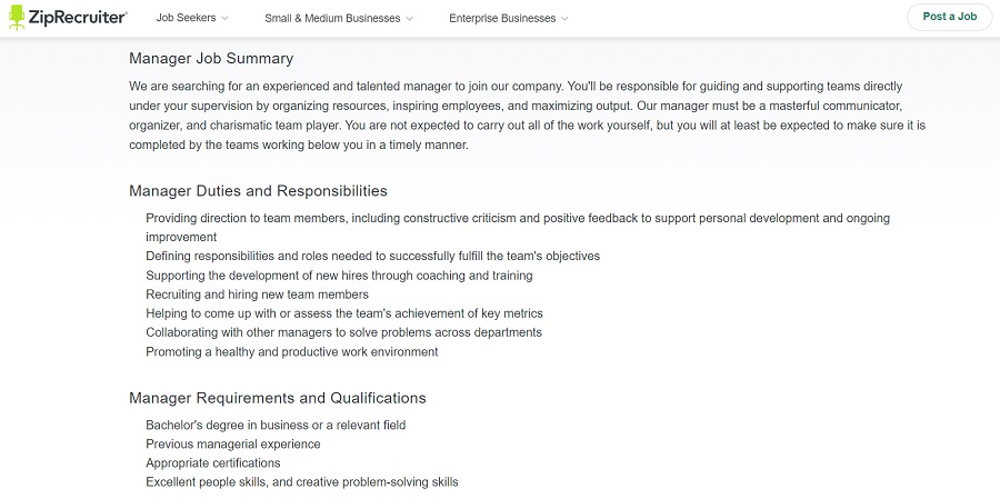 Manager job summary template from ZipRecruiter.