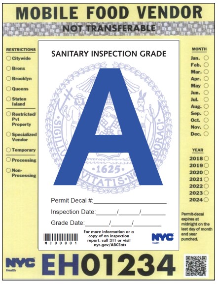 Mobile Food Vendor health grade placard.