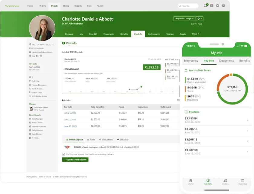 Payroll dashboard on web and mobile showing pay stubs and salary information.