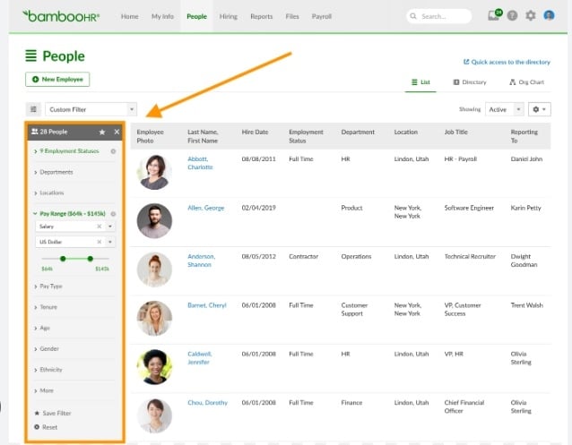 People dashboard showing employee status, hire date, and more.