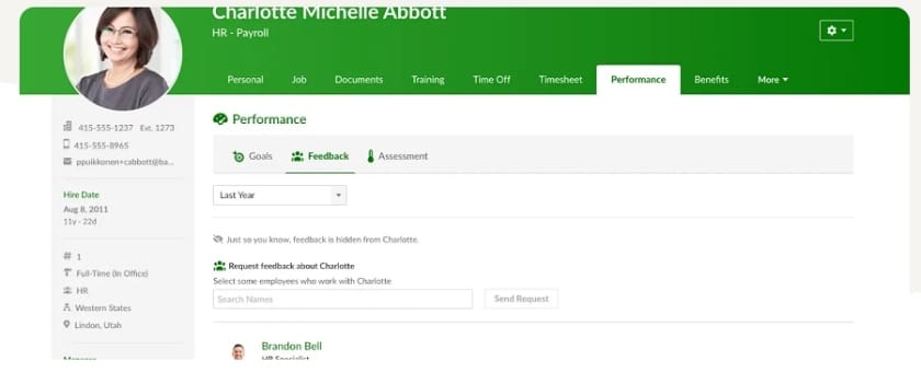 Performance management dashboard with goals, feedback, and assessment tabs.