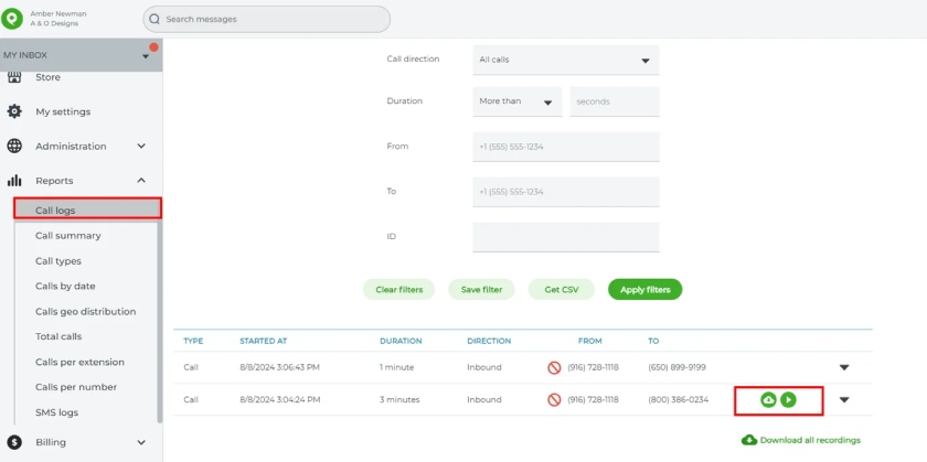 Phone.com inbox with red box highlights on the button for call logs and recording download and listen options.