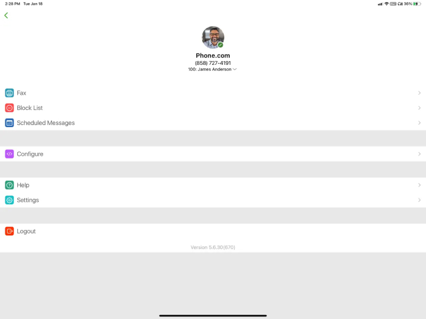 Phone.com's iPad interface shows one of the app's settings pages.