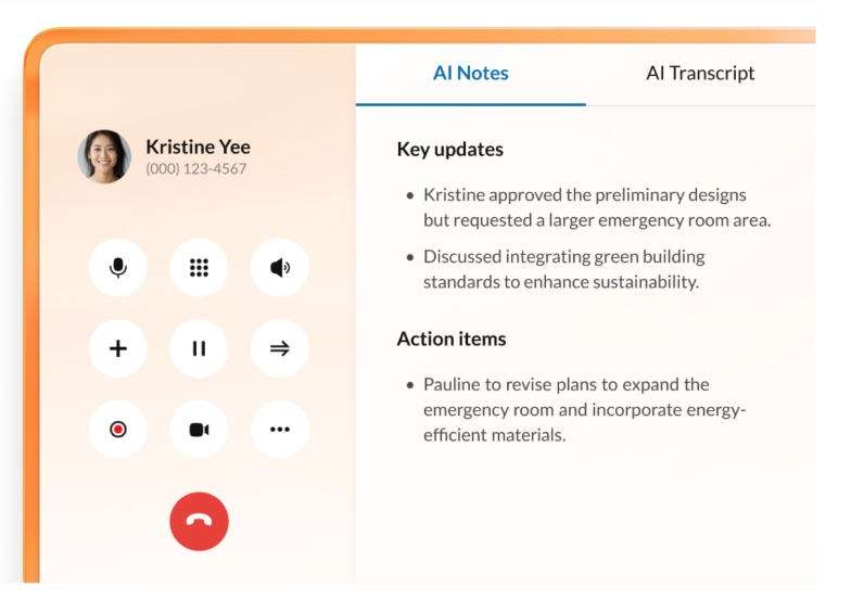 RingCentral desktop screen with artificial intelligence call notes featuring key updates and action items.
