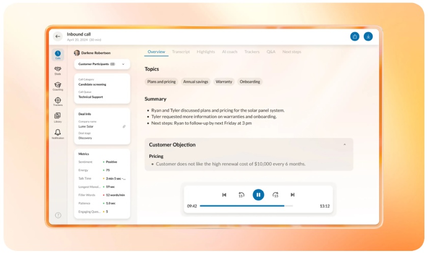 RingCentral sentiment analysis of a customer call in the desktop application.
