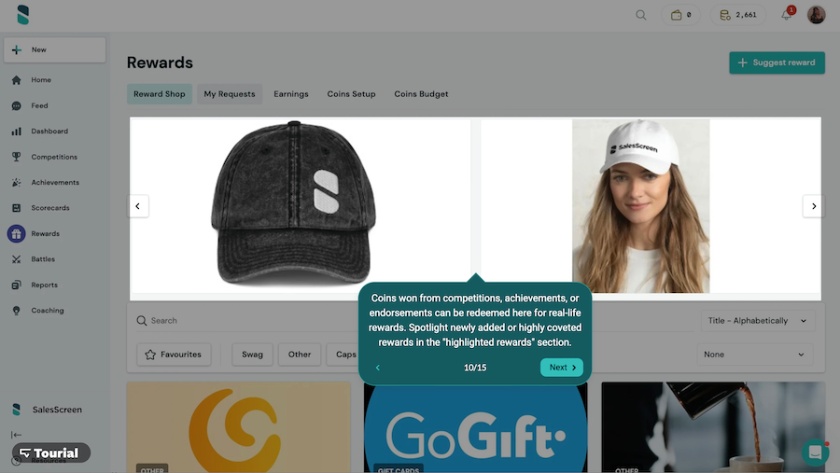 SalesScreen's Reward Store showing baseball caps and other items that team members can redeem using their accumulated coins.