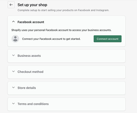 Shopify page where you can connect your Facebook account.