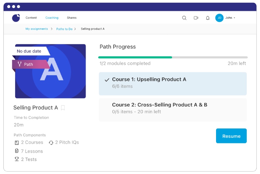 Showpad's sales enablement courses on upselling with a path progress bar for easy tracking.