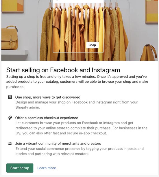 Shopify page where you can begin setting up your Facebook Shop.