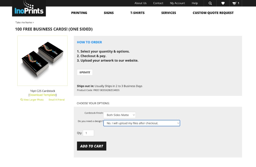 The option to print free business cards on the InoPrints website.